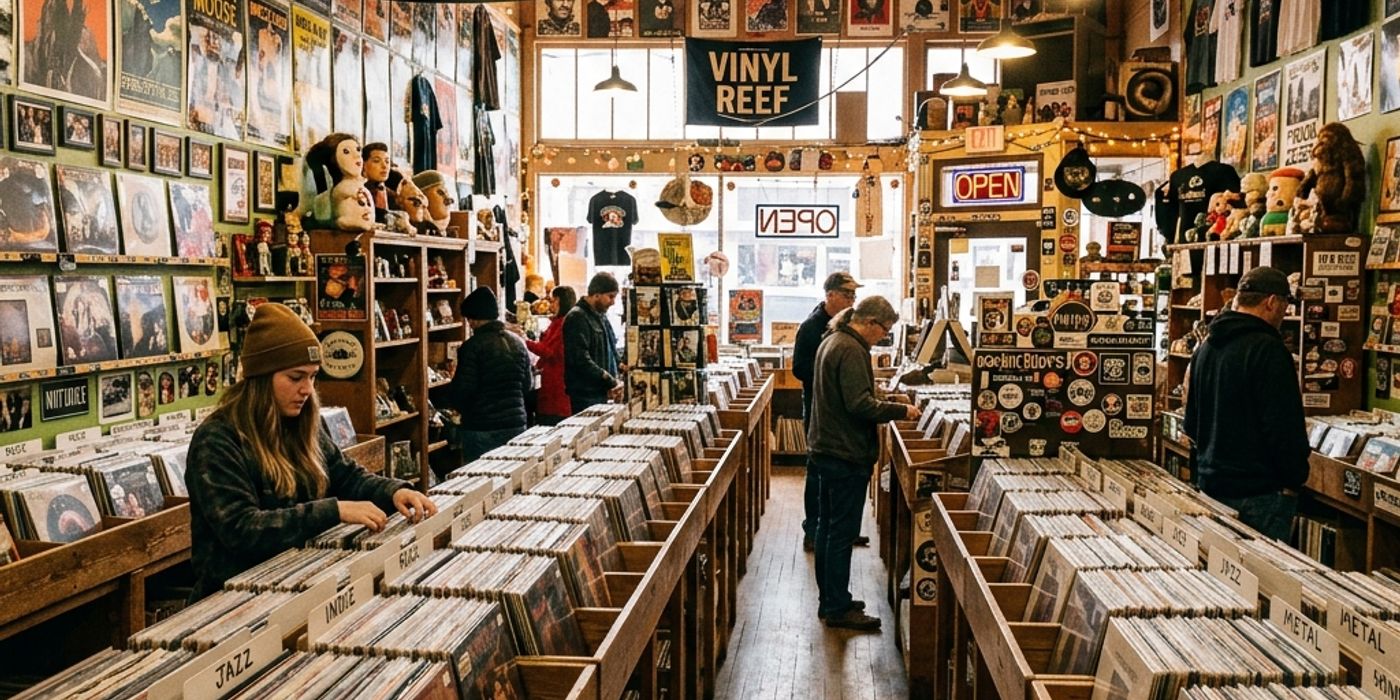The sprawling interior of Rockin Rudys record store filled with vinyl bins and local novelty items